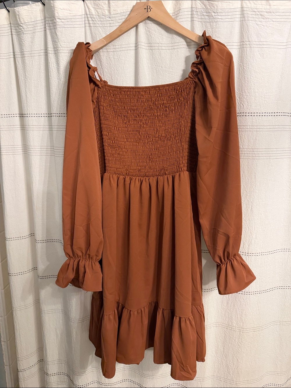 SHEIN Rust Smocked Square-Neck Long Sleeve Mini Dress